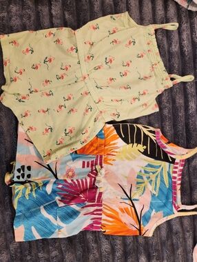 Girls' Sleeveless Floral & Flamingo One-Piece Rompers, Size 24M/2T